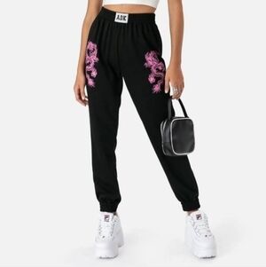 Adika Tokyo Dragon Sweatpants Black w Hot Pink Dragons - Size Small